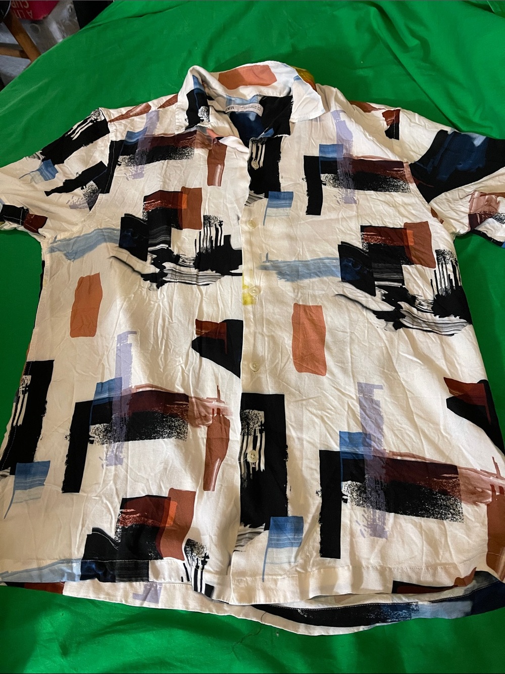 Zara White Short-Sleeve Button-Down Shirt with Black, Rust & Blue Blocks